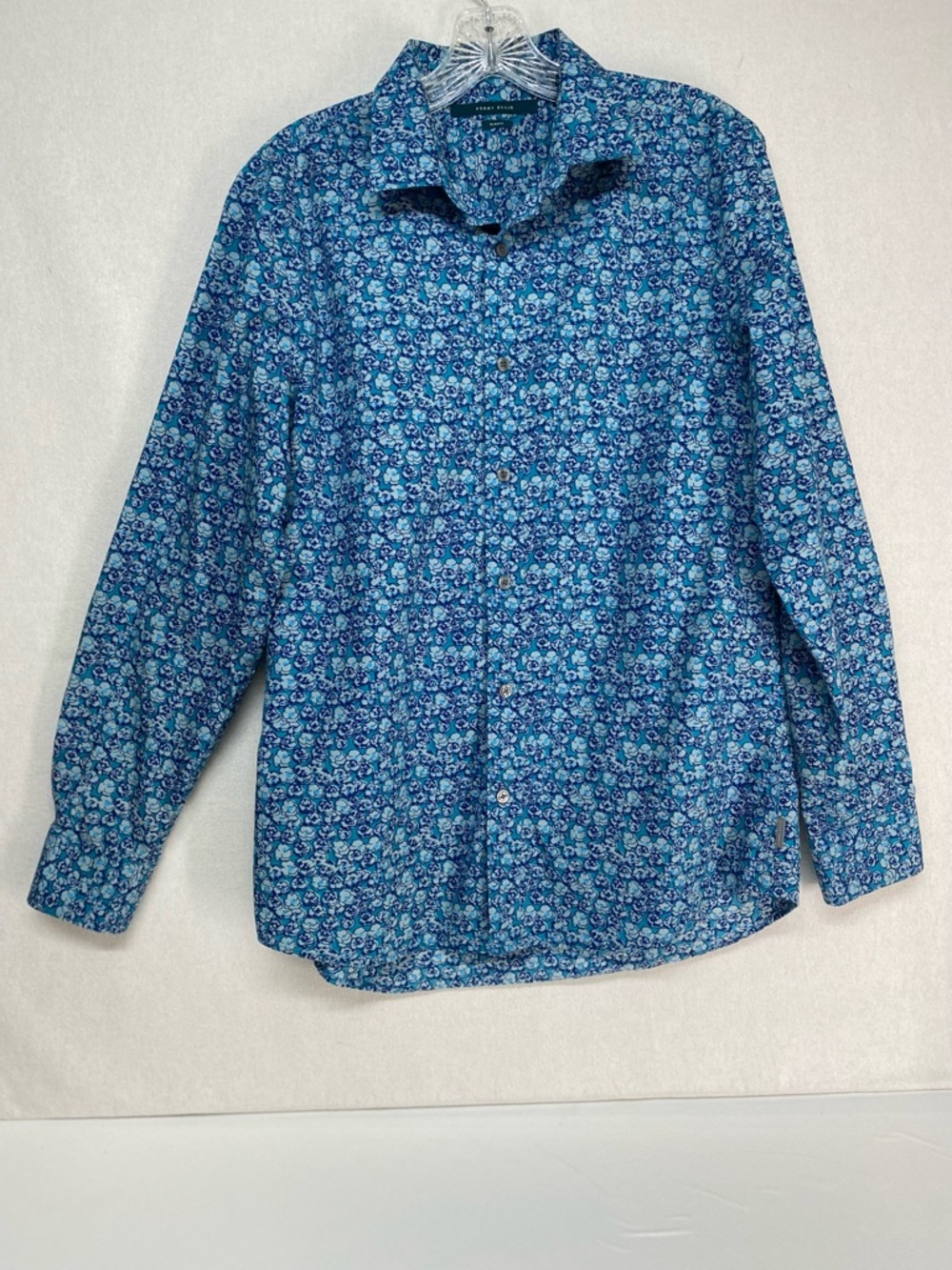 Perry Ellis Blue Mini Floral Button Up Shirt Slim Fit Long Sleeve Cotton Casual